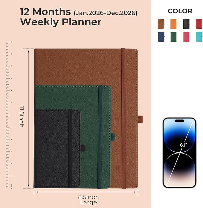 IN-LUXPRO Weekly Monthly 2026 Planner (Jan.26-Dec.26),11.5"x8.5",12 Months Agenda Plan with Month Tabs & Pocket,Expenses/Note Pages, Appointment Book Calendar with Hardcover Vegan Leather Cover,Black