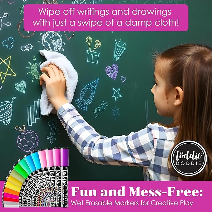Loddie Doddie Chalk Markers - Pack of 16, 6mm Reversible Bullet & Chisel Tips - Non-Toxic Dust-Free Erasable Liquid Chalk Ink - Dry Erase Markers for Glass, Windows & Whiteboards