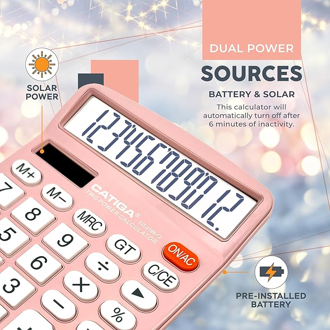 CATIGA 12 Digits Desktop Calculator with Large LCD Display and Sensitive Button, Dual Solar Power and Battery, Standard Function for Office, Home, School, CD-2786(Light Pink)