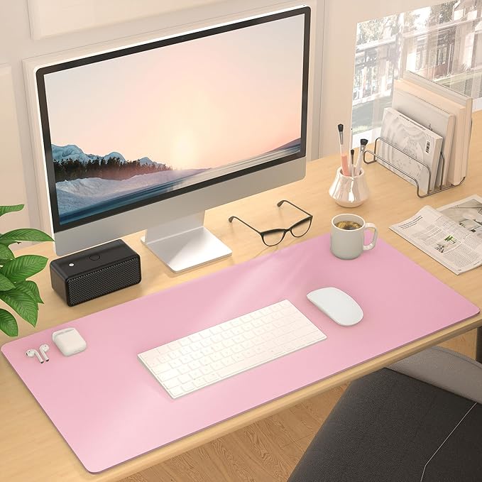 Leather Desk Pad Protector, Mouse Pad, Non-Slip Computer Mat for Desk, PU Leather Office Desk Mat for Home & Office, Waterproof Laptop Desk Blotter Pad for Keyboard and Mouse, Pink (17''X48'')