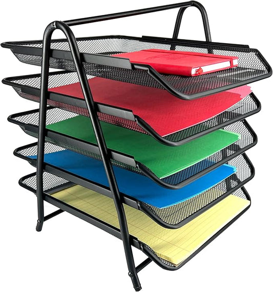 Huron Desktop Horizontal File Binder Organizer Storage Letter Tray, 5 Slot, Black Steel Mesh