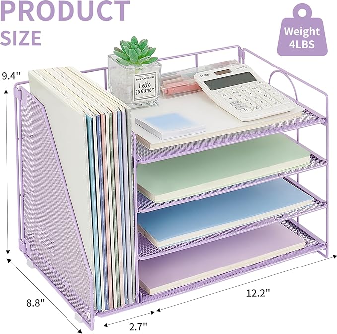 OPNICE 4-Tier Paper Organizer with Magazine Holder, Desk Organizers and Accessories, Office Desk Accessories & Workspace Organizers, Desktop File Organizer for Office Supplies Storage, Purple