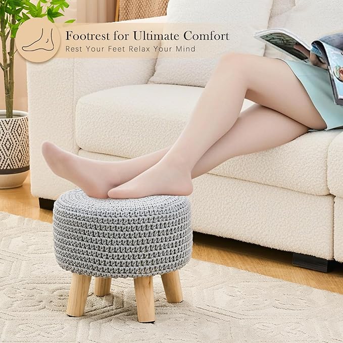 Boho Ottoman Foot Stool Cotton Knitted Round Pouf Ottoman Foot Rest Stool with Non-Skid Wooden Legs Step Stool Padded Seat for Living Room Gray