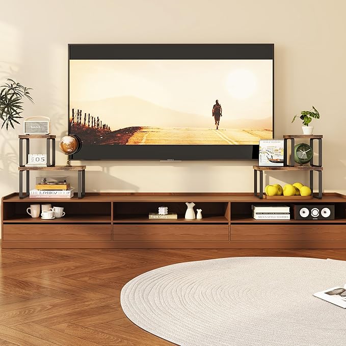 2 Sets Wooden Desktop Organizer Shelf, 2-Tier Adjustable Freestanding Bookshelf Desk Shelf, Stackable Desk Organizer for Office, Dorm, Bedroom, Space Saving, Easy Assembly, Rustic Brown (2 Pack)