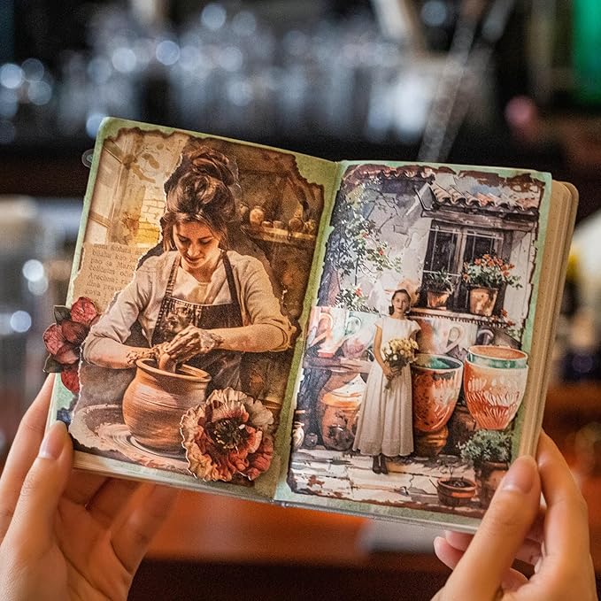 Weekend Diary Scrapbook Paper, 180PCS Vintage Hand-Tearable Sheets with Aged Edges, Coffee, Sewing, Reading & Art-Inspired Themes for Journaling and Collage