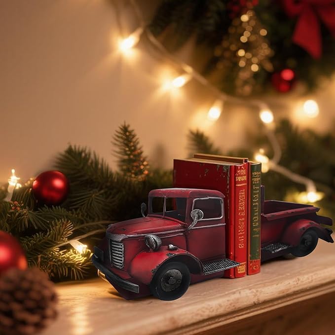 Decorative Book Ends Vintage Bookends: Metal Truck Book Stopper for Heavy Books - Farmhouse Decor for Shelf Table Coffee Bar Office Home - Gift for Adults Men Teen (Vintage Red)
