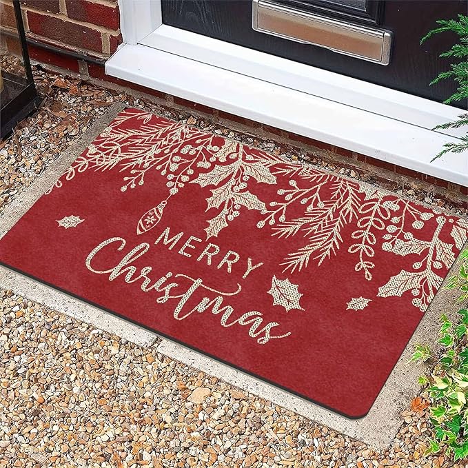 Merry Christmas Mistletoe and Holly Door Mat Front Porch Rugs Doormats Welcome Floor Mats Welcome Rug Outdoor Entry Rug for Home Farmhouse Party Decor, 16" x 24" Inch