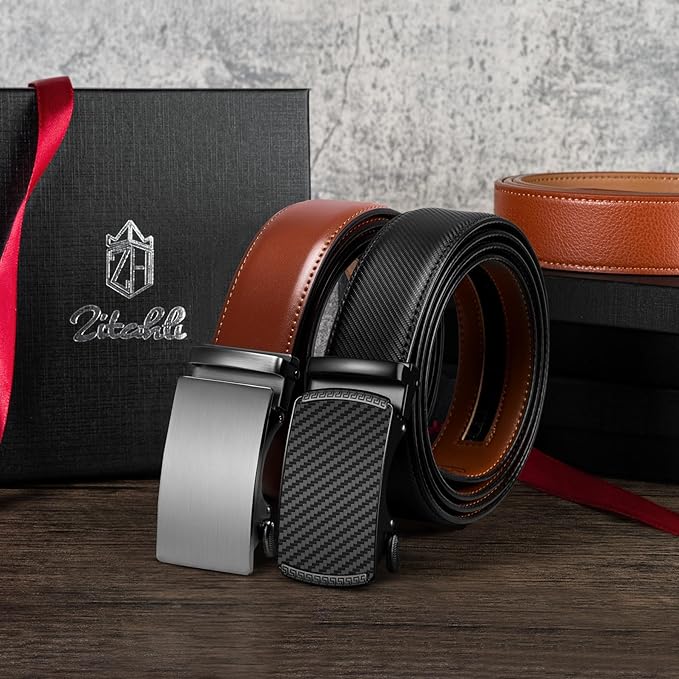 Zitahli Ratchet Belt for Men - 2 Packs Leather Mens belt For Gift Men Dress and Casual,Trim to Fit