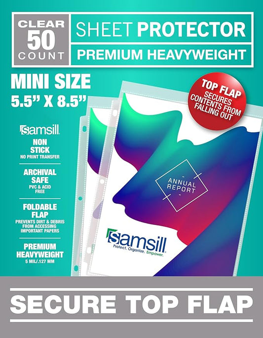 Samsill Sheet Protectors, 5.5x8.5 Inch Page Protectors for 3 Ring Binder, Super Heavy Duty, Secure Top Flap Protector, Letter Size, Top Loading, Acid Free, 50 Pack