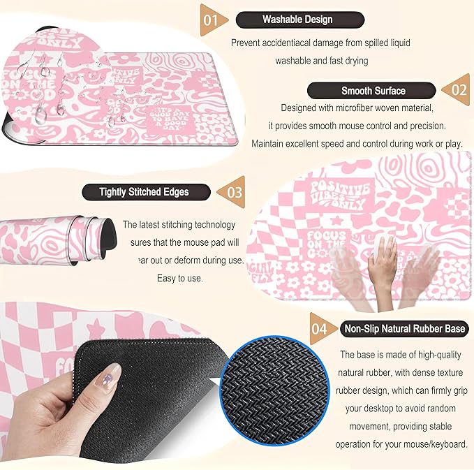 Pink Boho Desk Pad XL Large Gaming Mouse Pad Retro Hippie Boho Desk Mat with Stitched Edges, Non-Slip Rubber Base Mousepad Computer Laptop Keyboard Mouse Mat Desktop Protector Pad 31.5x11.8 in