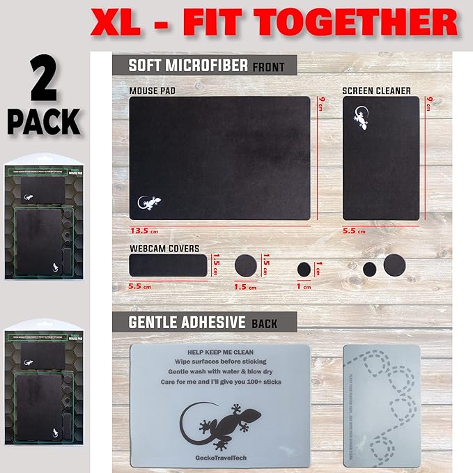 Mouse Pad Adhesive Bottom - Sticks to Any Surface - Portable - Webcam Covers and Screen Cleaner Included (2 x Black)