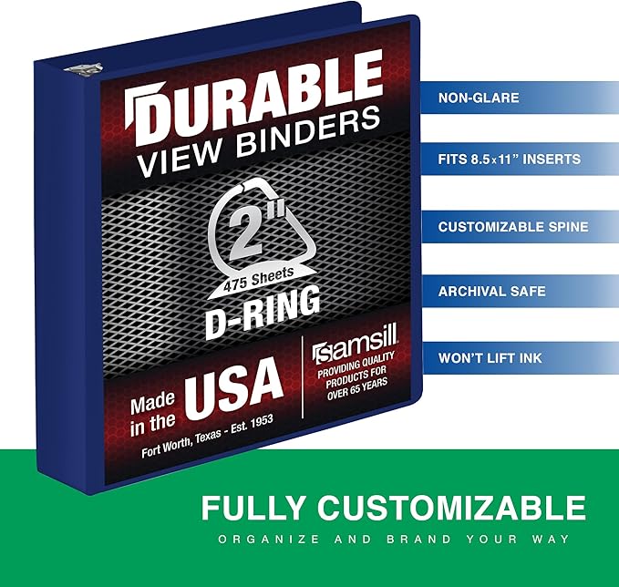 Samsill Durable 2 Inch Binder, Made in The USA, D Ring Binder, Customizable Clear View Cover, Dark Blue, Holds 475 Pages