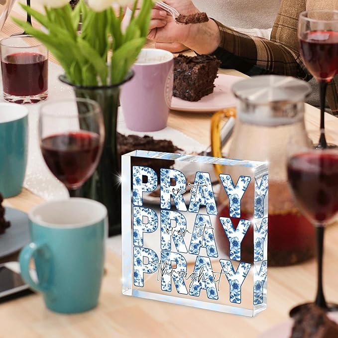 Blue and White Inspirational Decor, Desk Decorations for Office, Ideal Christian Gifts for Women - Pray On It,Pray Over It - Bible Verse Desk Art, Dorm Room Decor for Women,(Blue and White)