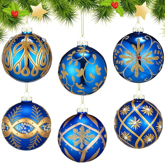 6 pcs 3.15 Inch Glass Luxury Christmas Ball Blue and Gold Ball Ornaments Glass Christmas Tree Decorations Luxury Hanging Ornaments for Xmas Tree Party Holiday Decor