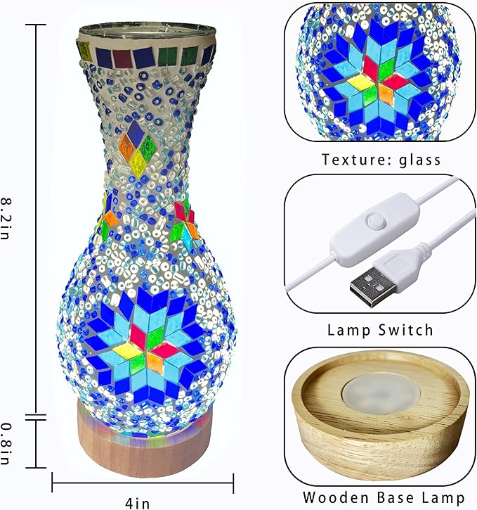 Turkish Moroccan Table Lamp Mosaic Vase Lamp Handmade Glass Vase with Wood Base Decorative Bedside Lighting for Bedroom, Living Room, Farmhouse - USB Plug