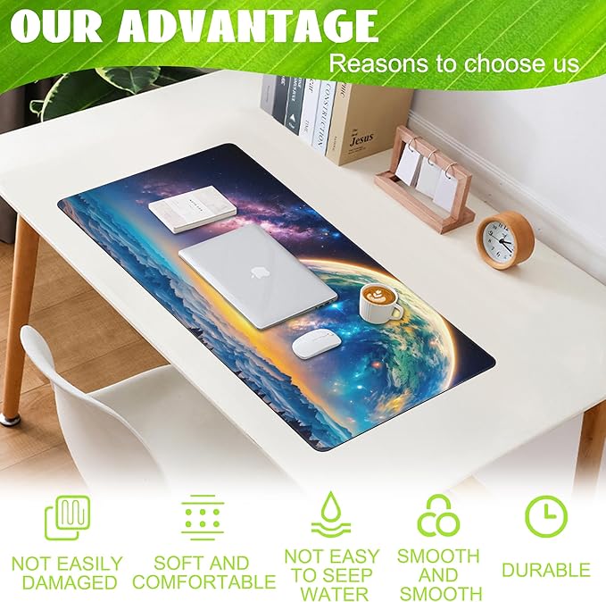 Desk Mat,Galaxy Earth Planet Desk Pad,Science Fiction Cosmic Large Gaming Mouse Pad for Desk,Extended Big Computer Keyboard Mouse Pad with Non-Slip Base and Stitched Edge,35.4"x15.7"