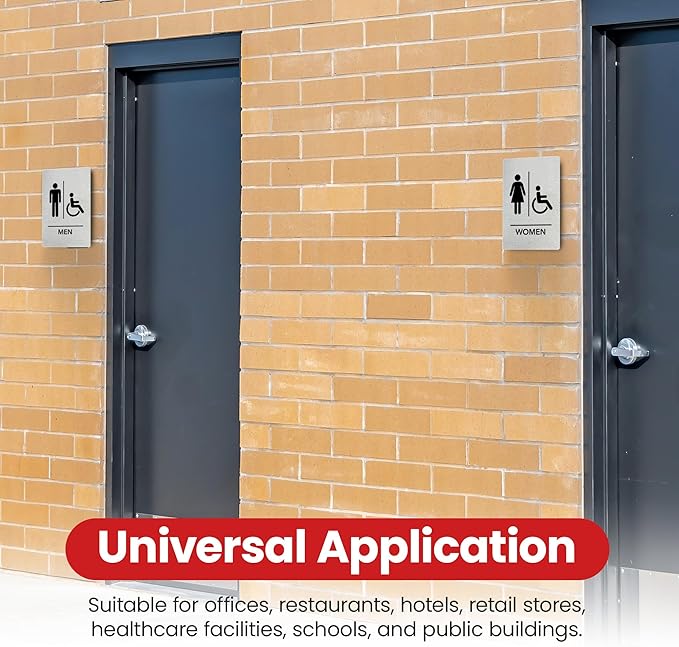 Promot Men and Women Handicap Restroom Sign – ADA Braille Bathroom Sign for Business, Self-Adhesive, 9" x 6", Commercial Door Signage, Office Wall Decor - Brushed Steel