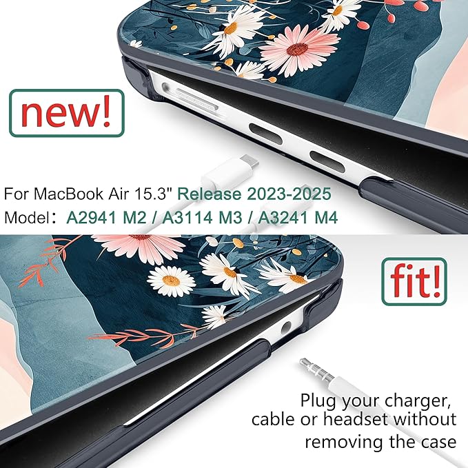 DONGKE Compatible with M4 MacBook Air 15 inch Case 2025 2024 2023 A3241 A3114 A2941 M3 M2 Liquid Retina Display Touch ID, Plastic Hard Case & Keyboard Skin & Screen Protector - Sun & Daisie