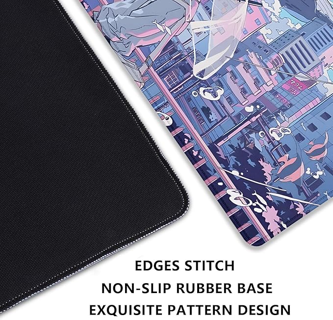 Japanese Fantasy City Boy Mouse Pad Desk Pad,Cute Kawaii Anime Mousepad,Large Extended Gaming Mouse Mat with Stitched Edges Non-Slip Waterproof Rubber Base Mous Mat for Desk Pad(27.5X11.8 in)
