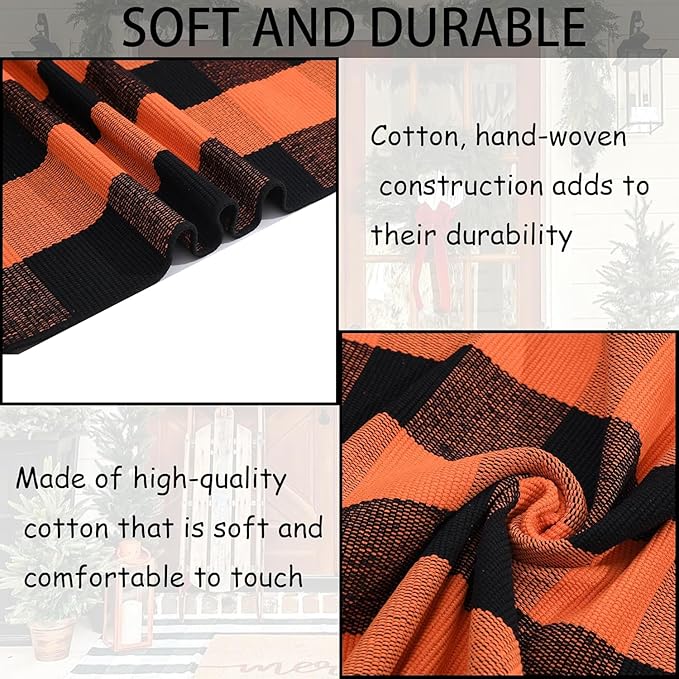 Orange and Black Plaid Rug, 28'' x 43'' Fall Outdoor Front Door Decor Mat, Cotton Washable Hand-Woven Rug for Layered Doormat, Autumn Halloween Thanksgiving Carpet for Porch, Entryway