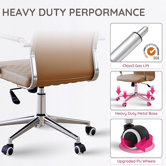 Livinia Modern Executive Office Chair with Patterned Back Design, Chrome & Leather Swivel Chair with High Back, Adjustable Height, Removable Armrests, and Wheels for Home Office (Brown(Chrome))