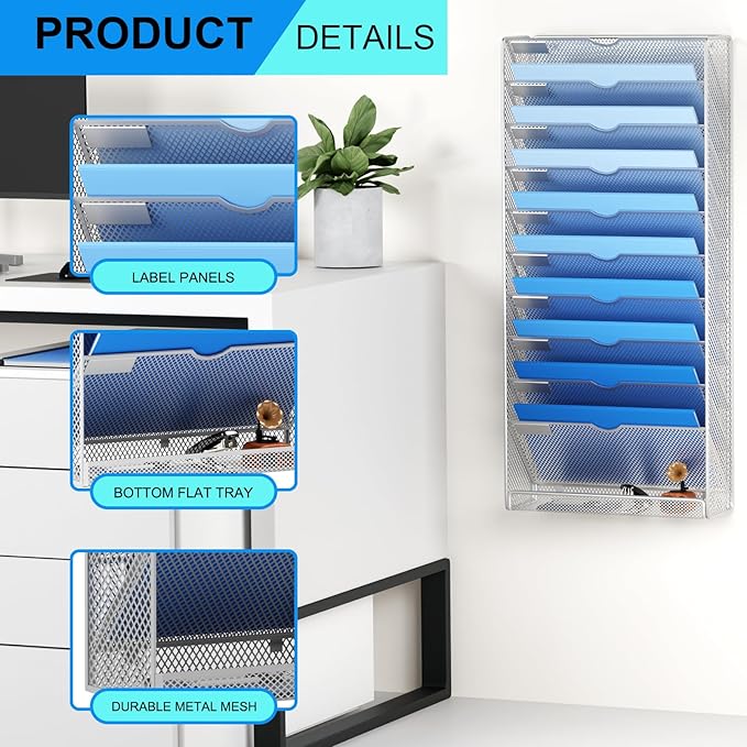 Hanging Wall File Organizer 10 Tier Wall Mounted File Holder Document Wall Organizer Magazine Organization for Office Home, Silver