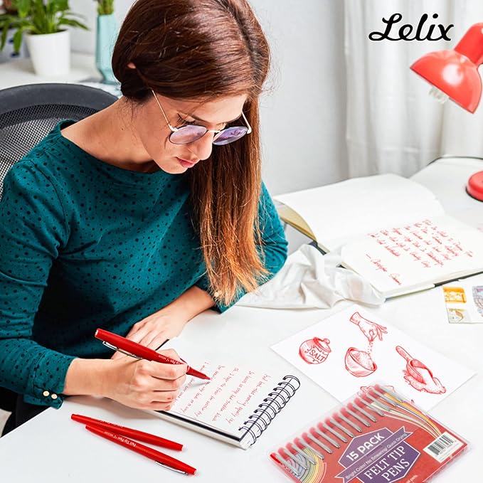 Lelix Felt Tip Pens, 60 Red Pack, 0.7mm Medium Point, Felt Tip Markers Pens for Journaling, Writing, Note Taking, Planner, Perfect for School Office and Art Supplies