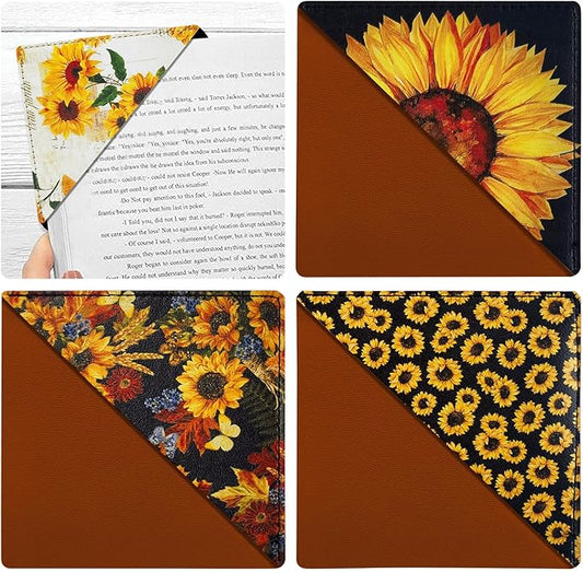 Personalized Leather Bookmarks, Fun Corner Pge Book Marks, Vintage Book Accessories for Reading Lovers Women Girls Student Teacher Kids Retirement Birthday Gifts (4 Pack Cute Sunflower)