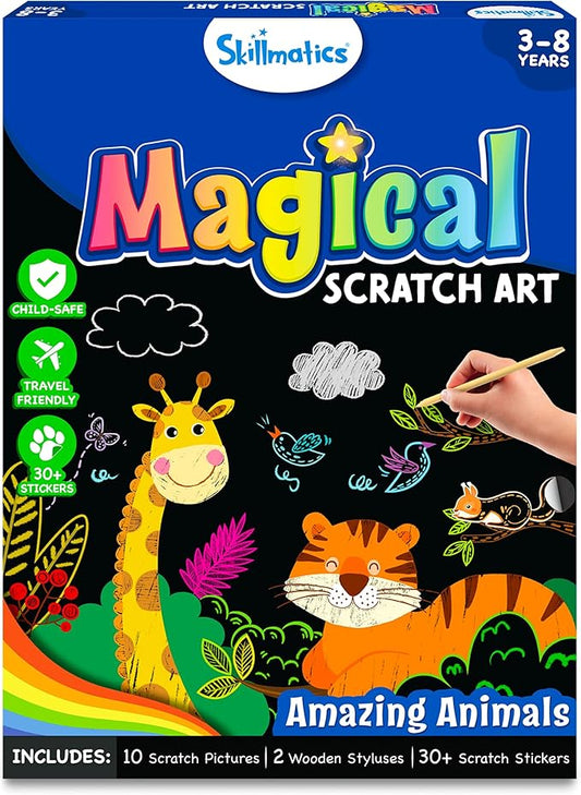 Skillmatics Scratch Art Book for Kids - Animals, Craft Kits & Supplies, 30+ Scratch Stickers, Stocking Stuffers, Travel Toys, DIY Kit, Christmas Gifts for Boys & Girls Ages 3, 4, 5, 6, 7, 8