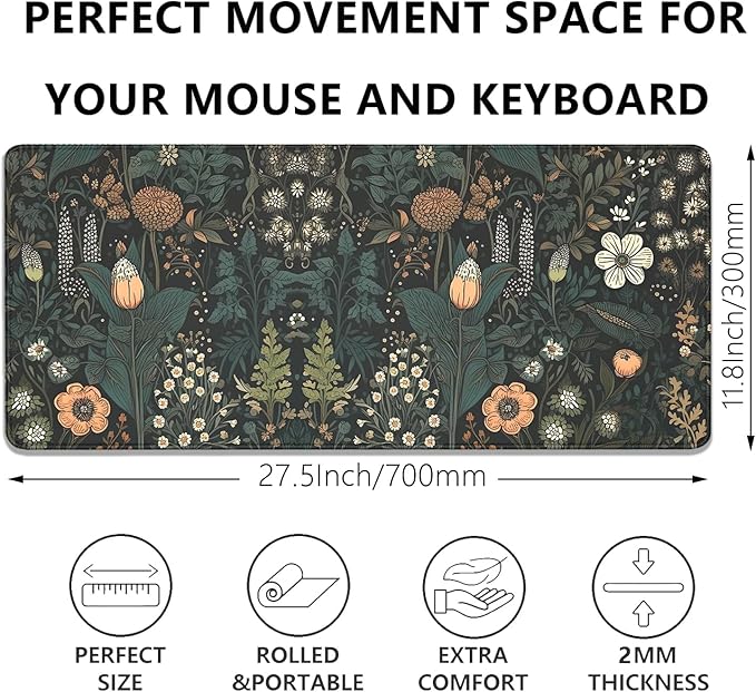 Dark Cottagecore Mouse Pad Floral Desk Pad,Botanical Mousepad, Vintage Desk Mat,Wildflower Mousepad with Stitched Edges Non-Slip Waterproof Rubber Base Mouse Mat for Office Work Home(27.5X11.8 in)
