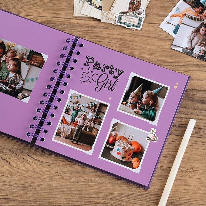 potricher 7 x 7 Inch DIY Scrapbook Album 40 Pages Hardcover Kraft Paper Scrap Book Photo Albums Memory Book for Wedding and Anniversary Family (Purple, 7 Inch)