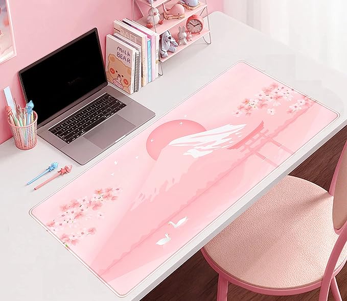 Cherry Blossom Mouse Pad Kawaii Pink Floral Desk Mat, Japanese Pastel Sakura Large Anime Gaming Mousepad XXL, Cute Aesthetic Mount Fuji Japan Keyboard Mats for Women Office Desk Pads 31.5"x15.75"