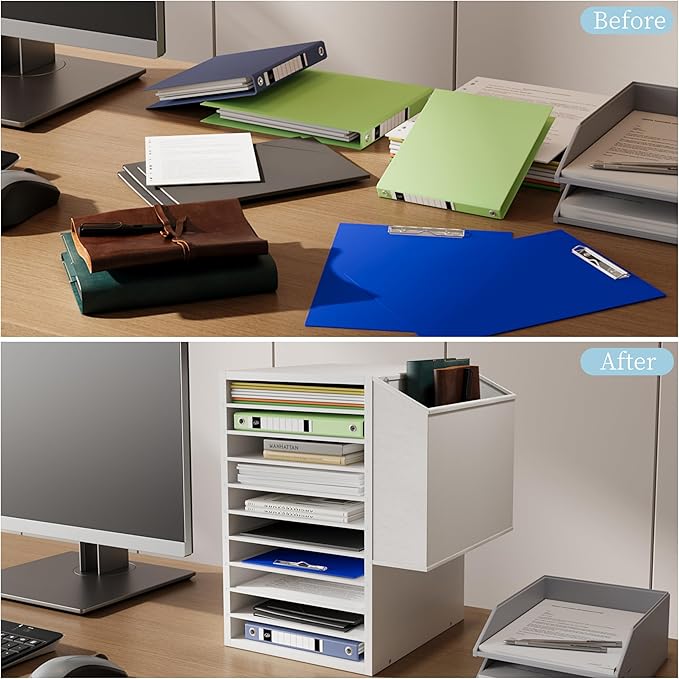 Office Mail Sorter, Wooden Paper Organizer with Storage Bag, 10 Tier Adjustable Classroom Mailbox, Removable Classroom Organization, Teacher Desk Organization for Office, Study, White