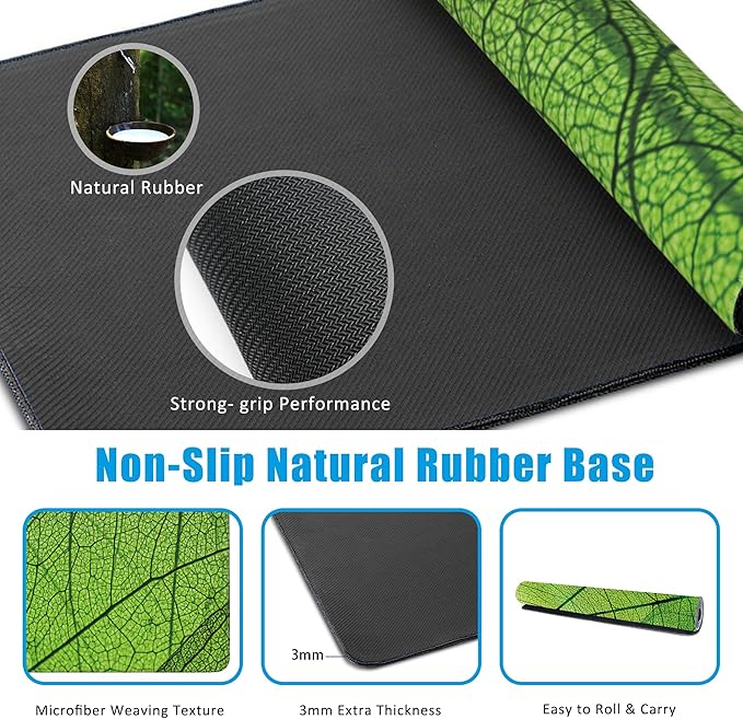 Green Foliage Texture Desk Mat,Large Gaming Mouse Pad,Non-Slip Rubber Base Desk Pad with Stitched Edges for Desk Office Home Decor 35.4X15.7 Inch