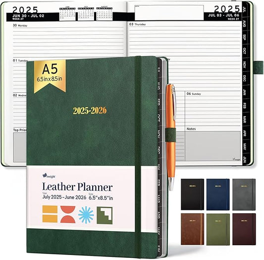 Ensight 2025-2026 HARDCOVER Leather Planner Weekly & Monthly - 6.5x8.5 Inches - Academic Planner Business Personal or Student - Pen Holder, Thick Paper, July 2025 - June 2026 (Green)