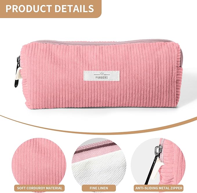 Pencil Bag Pen Case, Soft Corduroy Small Pencil Pouch Organizer with Zipper, Cute Pencil Case Pouch Stationery for Girls and Boys – Pink
