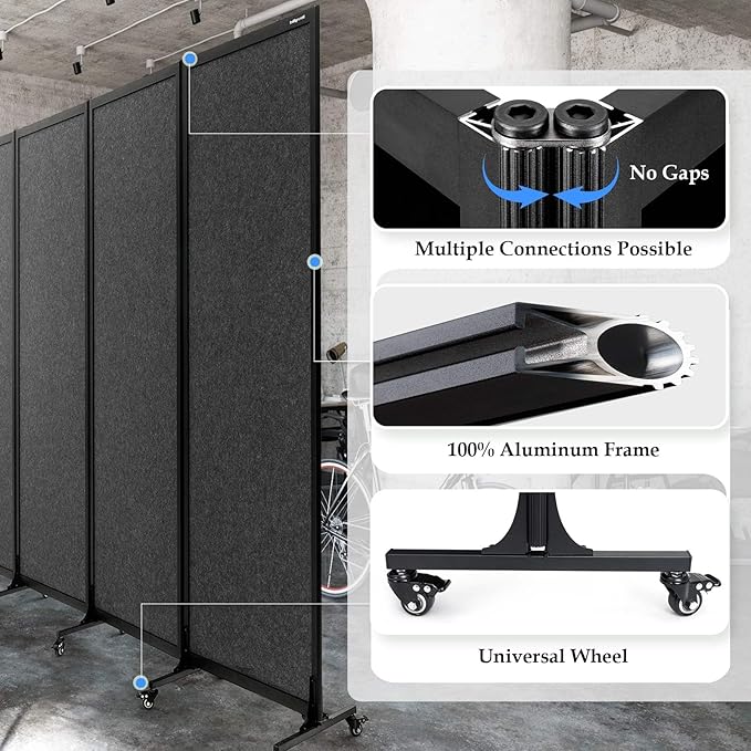 Upgrade Version Room Partition and Divider, Freestanding Rolling Dividers with Wheels,Office Privacy Screen Divider Wall,Classroom Felt Dividers,8'2"L* 6'7"H,4 Panel，Dark Grey