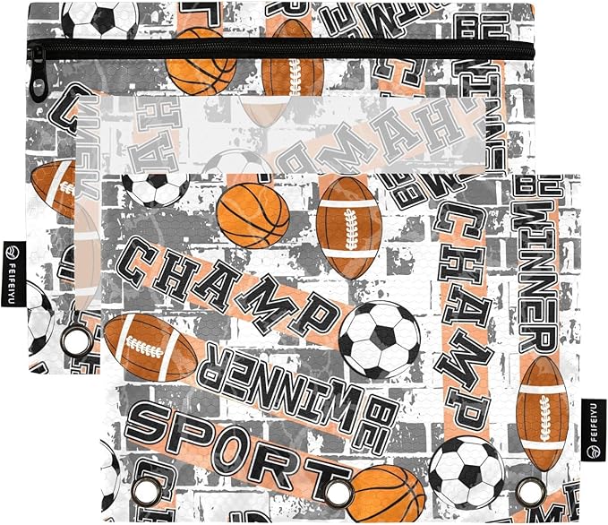 ZAZYXTJ Basketball Football Ball Binder Pencil Pouchs 3 Ring with Zipper Clear Window Office Organizers bag for School Students Teacher Supplies 2 Pack