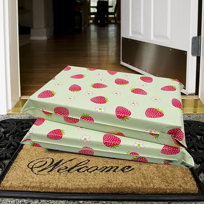 Poly Mailers 12x15.5 Inch 50 Pcs - Strawberries printed Shipping Bags, 2.4mil Thickness, Waterproof and Tear Resistant Mailing Envelopes, Self-Sealing Packaging Bags for Small Business