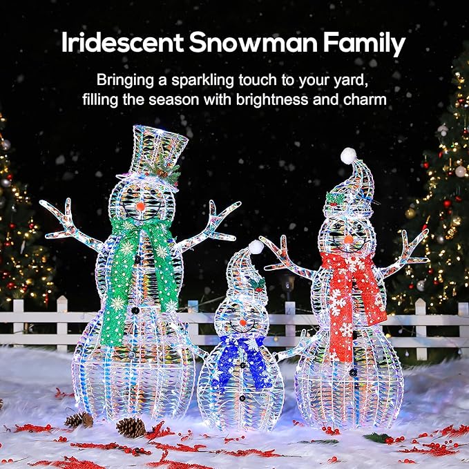 Hykolity 3.5 FT 3D Lighted Outdoor Iridescent Christmas Snowman Family, 3-Piece Lighted Snowman Set with 180 LED Lights, Ground Stakes, Zip Ties for Holiday Decoration