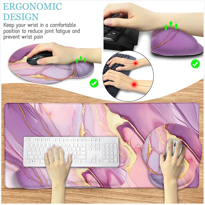 Marble Mouse Pad Set Large Desk Matt for Desktop, Ergonomic Mouse Pad with Wrist Rest for Gaming Wrist Support Keyboard Mat Cup Coaster Set Office Desk Decor Accessories