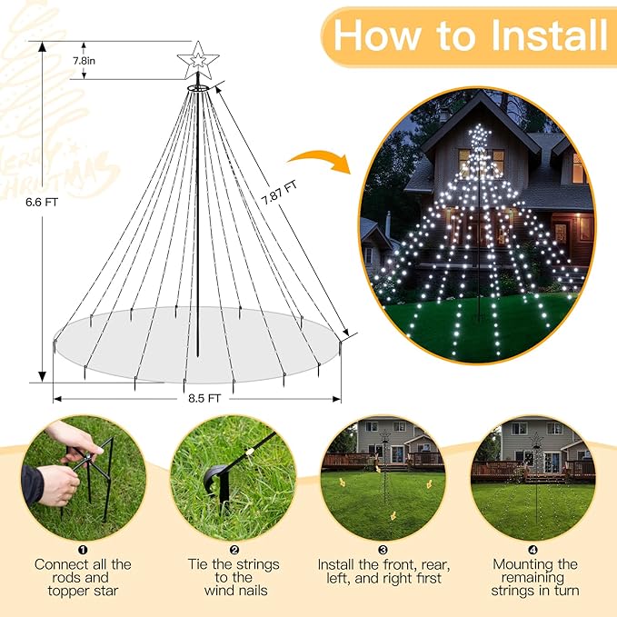 Christmas Tree Lights 340LED with Topper Star, IP67 Waterproof Remote Control Waterfall Lights with Pole, 16 Modes 3 Timers Dimmable Christmas Decorations for Outdoor Yard (White)