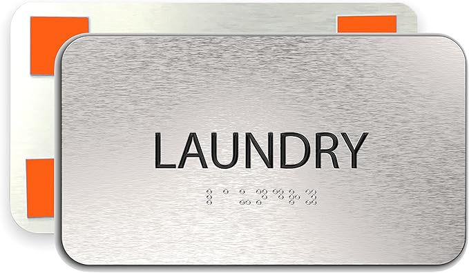 ADASigns Laundry Signs 7" W x 4" H - Durable Brushed Aluminum with Grade 2 Braille - Easy Installation with Strong Double Sided Tape - ADA Compliant Office Door Signs for Businesses & Offices