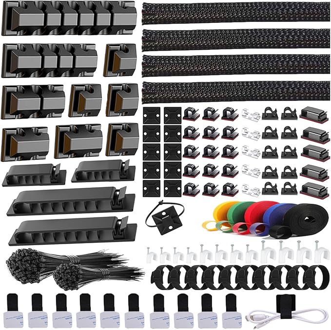 ELII 327 PCS Cable Management Kit 4 Cable Cable Sleeves,65 Cable Clips with 13Cord Holders,25 Roll Cable Organizer Straps,200 Fastening Cable Ties,20 Cable Zip Tie Mounts for Computer (Black)