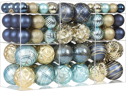 100ct Blue and Gold Christmas Ornaments Set, Shatterproof Xmas Tree Ornaments Decorations Collection, Hanging Plastic Christmas Balls for Holiday Party Wedding (Blue&Gold)