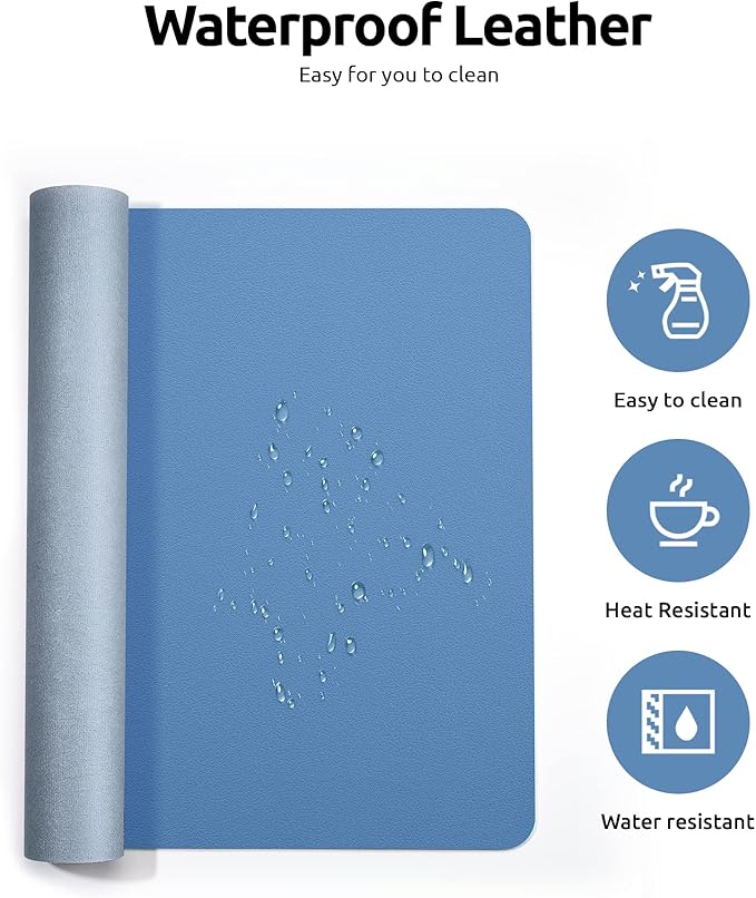 YSAGi Leather Desk Protector, Office Mat, Large Mouse Mat, Non-Slip PU Leather Blotter, Laptop Desk Pad, Waterproof Writing Pad for Office and Home (Sea Blue, 23.6" x 13.8")