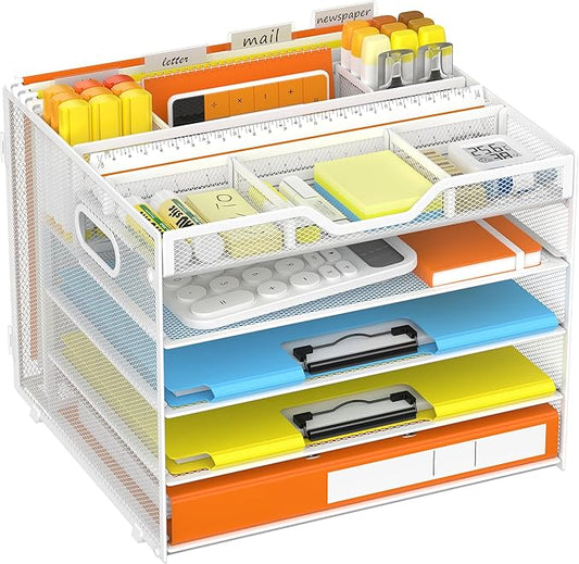 Docnest 5 Tier Letter Tray with Hanging File Organizer-Mesh Desk Organizer-Desktop Storage Box Built in Pen Holder and Handles, File Folder Holder for Mail Documents Office Supplies-White