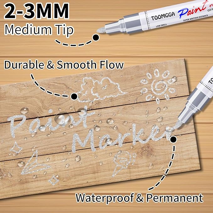 Silver Paint Pens Paint Markers - 12 Pack Permanent Markers Oil Based for Metal Wood, Pens for Metal, Car Tyre, Wood, Plastic, Rock Painting, Glass, Craft Supplies, Waterproof