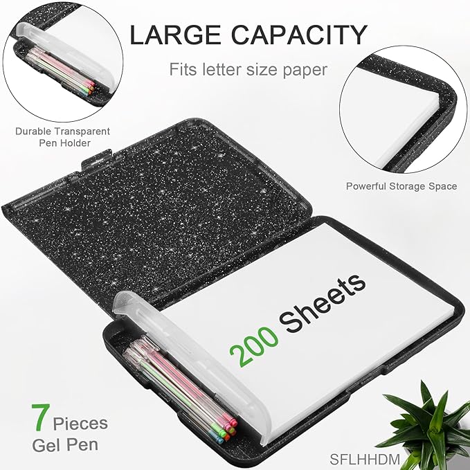 Glitter Clipboard with Storage,Storage Clipboard with Pen Holder,A4 Binder Clip Boards 8.5x11 with Low Profile Clip,Side Opening Sparkle Clipboards,Plastic Clipboards Folder for Office Supplies-Black