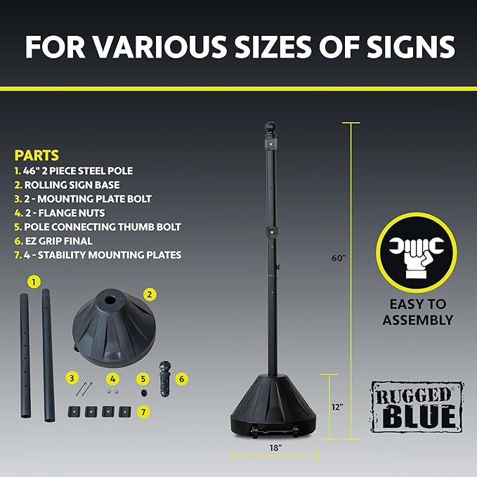 60” Grip N Tip Portable Sign Holder with Wheels, Customizable Sign Display Stand, Metal Holder for Street Signs, Outdoor Signs for Businesses, Office Sign or Yard Sign, Black (2)
